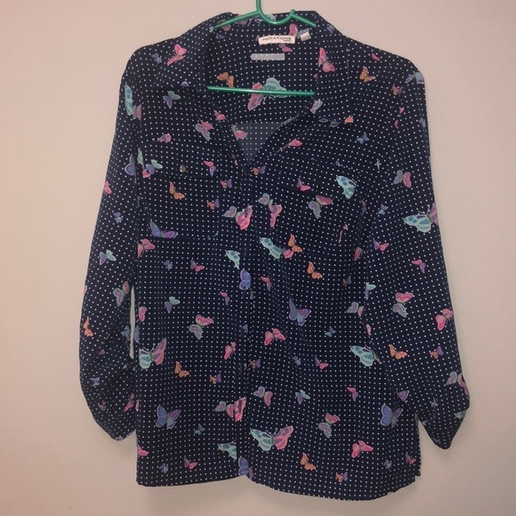 Notations Tops - Notations Blue Polka Dot & Butterfly Top Size 1X
